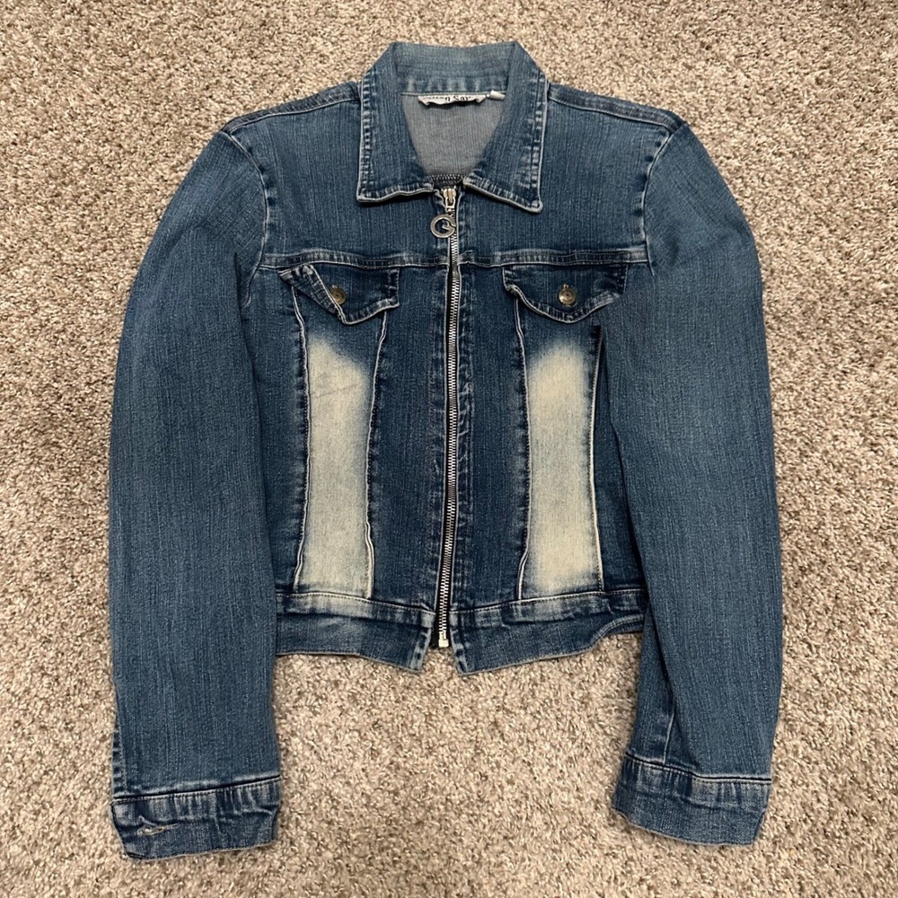 Vintage Allen Samo Womens Denim Jacket Small Blue Preowned Faded Flaw Hole